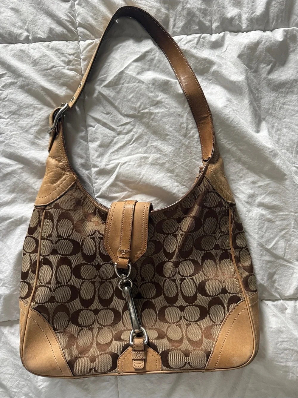 Coach Brown Signature Canvas Hobo with Leather Trim